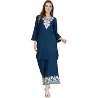 Womanista Viscose Rayon Women's Rama Blue Colour White Tunic With Embroidered Plazzo Coord Set Above The Knee Casual Dress (Co-Ords_9057 S)