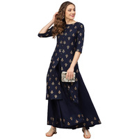 Idalia Women's Printed Navy Blue A-Line Cotton Kurta Set With Skirt