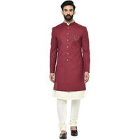 Kisah Men Maroon Solid Kurta Indo-Western Sherwani Set Indo-Western, Full Sleaves, Knee Length, Straight, Regular Fit, Mandarin Collar Ethnic Wear (36)