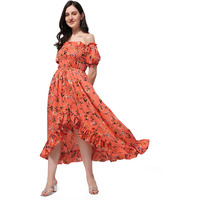 Oomph! Flared Dress For Women Stylish | Long One Piece For Women | Off Shoulder Puff Sleeve Long Dress | Floral Print Maxi One Piece | Western & Fusion Wear Bohemian Style Orange