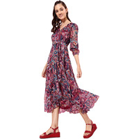 Miss Chase Women's V Neck Flared Sleeve Floral Wrap Chiffon Maxi Dress With Pocket (Mcaw21D14-94-224-08, Multicolored, 3Xl)