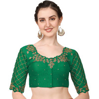 Pujia Mills Women's Embroidery Handwork, Rough Cut Work Stone Work Readymade Blouse (34, Green)