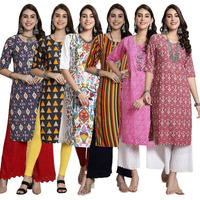Pinkmint Women's Crepe Kurti Round Neck Straight Kurti For Women Comfortable Kurti Regular Wear Kurti For Women's (Pack Of 6)
