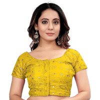 Pujia Mills Women's Silk Foil Mirror Short Sleeve Readymade Fancy Blouse(Foil Mirror Yellow_38)