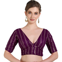 Pujia Mills Women's Georgett Half Sleeve Deep V Neck Embroidered With Sequins Blouse (Zhankhi Wine 38)