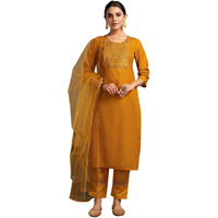Sanisa Women's Cotton Blend Sequence Embroidery Work Straight Kurta With Pant And Dupatta Set (80Kbd902Nr-L_Turmeric Yellow)