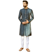 See Designs Men Full Sleeve Teal And Gold Chanderi Silk Sequins Mandarin Collar Side Slit Kurta With Pyjama - Sd2Kt_242801L