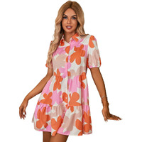 Shasmi Women's Orange Flower Print Short Sleeve Button Front All-Over Printed Dresses, Ruffle Hem Smock Dress For Woman (161 Dress Orange-Xl)