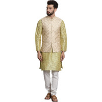 Sojanya (Since 1958 Men's Silk Blend Pista Green Kurta & Cream Pyjama With Beige Emb Nehrujacket