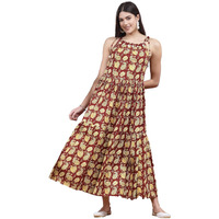 Stylum Women's Floral Printed Cotton Long Flared Dress (Drsmaroondabu38_Maroon, M)