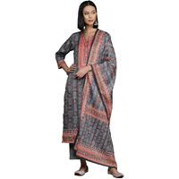 Varanga Women Grey Woolen Ethnic Motif Printed Straight Kurta With Tonal Bottom And Dupatta  Stylish And Comfortable Winter Ethnic Wear