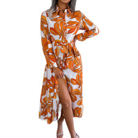 Gufrina Women's Full Sleeve Collar Neck Western Dress - Floral Print Maxi Dress With Slit And Tie-Up Belt (Orange L)
