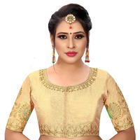 Pujia Mills Women's Phantom Silk Elephant Half Sleeve Saree Blouse (Dumbo_Golden_38 Size+Margin)