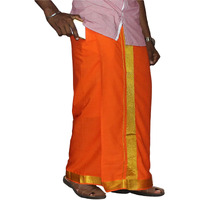 Prakasam Cotton Men's Orange Colour 2 Inch Gold Jari Border Welcro Pocket Dhoti/Size Hip -38 Inches- Length- 42 Inches