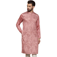 Kisah Men Pink Kurta, Cotton, Full Sleaves, Knee Length, Straight, Regular Fit, Mandarin Collar Ethnic Wear