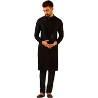 Kisah Men's Kurta Churidar Set, Black Pure Cotton, Embroidered Mandarin Collar Regular Fit Long Sleeves (L)