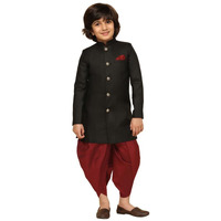 Kisah Boys Sherwani Set Indo-Western Cotton Blend Solid Dyed Design Indo-Western Sherwani Dhoti Set For Kids, Black, 11-12 Years