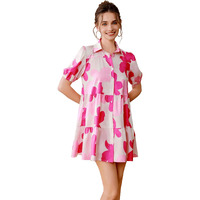 Shasmi Women's Pink Flower Print Short Sleeve Button Front All-Over Printed Dresses, Ruffle Hem Smock Dress For Woman (161 Dress Pink-2Xl)