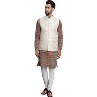Sojanya (Since 1958 Men's Jacquard Silk Maroon Kurta And Off-White Pyjama With Cream Nehru Jacket