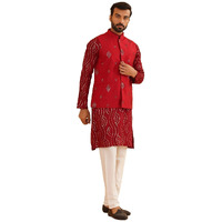 Sojanya (Since 1958 Men's Pure Cotton Maroon Kurta And White Pyjama With Maroon Silk Nehru Jacket