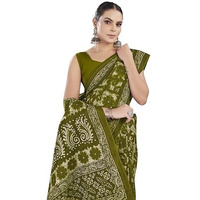 Tamaira Fashion Women's Floral Batik Printed Pure Cotton Mulmul Saree Without Blouse Piece(11588_Mehendi)
