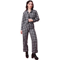 Popwings Casual Checks Print Crop Shirt And Trouser Co-Ord Set For Women | Shirt And Pant Co-Ord Set For Women | Full Sleeves Co-Ord Set For Women | Western 2 Piece Set For Women Black