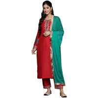 Varanga Women Red Embroidered Straight Kurta Paired With Tonal Bottom And Contrast Dupatta With Four Sided Fringes