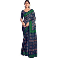 Satrani Women's Cotton Printed Saree With Unstitched Blouse Piece (3827S105N_Navy Blue)