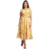 Preneum Women's Maxi Fit & Flare Print Georgette Regular Sleeves Casual |Summer |Latest Style |Festival & Occasion Maxi Gown(Maxi-N-25_S) Yellow