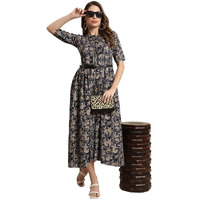 Preneum Girls's Georgette Floral Printed 3/4 Slevees A-Line Fit & Flare Gown With Belt, Navy Blue, S