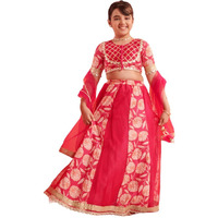 Pspeaches Girl's Silk Blend 1 Lehenga, 1 Choli, 1 Dupatta (L-Mgorganzapanel-13- Magenta_13-14Y)