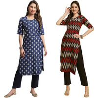 Pinkmint Printed Round Neck Kurta Set For Women Ll Kurti & Pant Set For Women Ll Regular Fit Kurta Set (Pack Of 2)