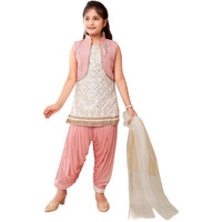 Aarika Girls Ethnic Wear White-Peach Colour Sequin Embroidery Lace Work Silk Kurti Patiala With Jacket (4-10 Years)