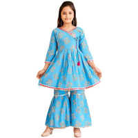 Aarika Girls Ethnic Wear Turquoise Colour Floral Print With Sequin Lace Cotton Kurti Sharara Set (5-16 Years)