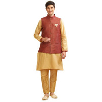 Be Active Men's Regular Kurta Pyjama Set With Nehru Jacket, Solid Straight Long Knee Length Full Sleeves, Ethnic Wear Comfortable Traditional Elegant, Red, Medium (St120-Ser M)