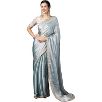 Satrani Women's Shimmer Chiffon Dual Tone Lace Work Jimmy Choo Saree With Unstitched Blouse Piece (3799S285N_Steel Grey)