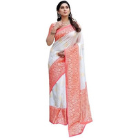 Flosive Women's Kanjivaram Silk Saree With Beautiful Blouse With Zari Border (White)