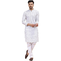 See Designs White Cotton Regular Fit Mandarin Collar Printed Kurta Set Long Sleeves_Sdkt121901Xs