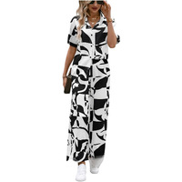 Gufrina Women's Geometric Print Co-Ords Set - Short Sleeve Open Collar Shirt And Wide-Leg Pants Ensemble (White M)