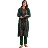 Ishin Women's Green Jacquard Style Ethnic Motifs Straight Winterwear Kurta