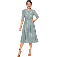 Toochki Women's Sea Green Dobby Georgette Woven Fit & Flared Western Dress | Dress For Women | A Line Dress | Winter Dress | Western Dress | Latest Women Dress | Trendy Dress | Midi Dress