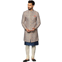 Kisah Men's Grey And Blue Indo-Western Kurta Sherwani Churidar Set Cotton Full Sleaves, Knee Length, Straight, Regular Fit, Mandarin Collar Ethnic Wear