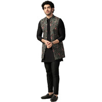 Kisah Men's Kurta Jacket Trouser Set, Multi Cotton Blend, Printed Regular Fit Mandarin Collar Long Sleeves (40)