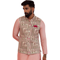 Kisah Men Off White Green Printed Nehru Jacket Ethnic Festive Waistcoat Cotton, Regular Fit