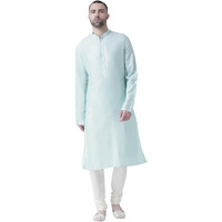 Kisah Cotton Blend Turquoise Blue Kurta For Men, Full Sleaves, Knee Length, Straight, Regular Fit, Mandarin Collar, Geometric Embroidered Mirror Work Ethnic Casual