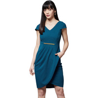 Miss Chase Women's Teal V-Neck Cap Sleeve Solid Wrapped Polyester Knee-Long Dress (Mcss22D16-20-83-06, Teal, Xl)