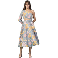 Oomph! Women's Western & Fusion Wear Printed Crepe Dress For Women, One Shoulder, Grey - Md1082