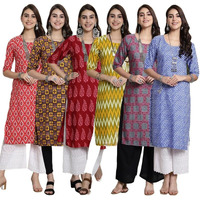 Pinkmint Women's Crepe Kurti Round Neck Straight Kurti For Women Comfortable Kurti Regular Wear Kurti For Women's (Pack Of 6)