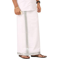 Prakasam Cotton Mens Silver Jari Border Supreme Quality Single Dhoti (1.28X2.00 Meter)