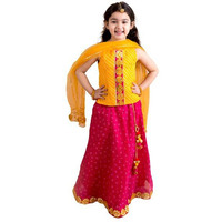 Pspeaches Girl's Magenta Yellow Embroidered Polyester Readymade Lehenga And Choli Set (Pink-6-7Y)